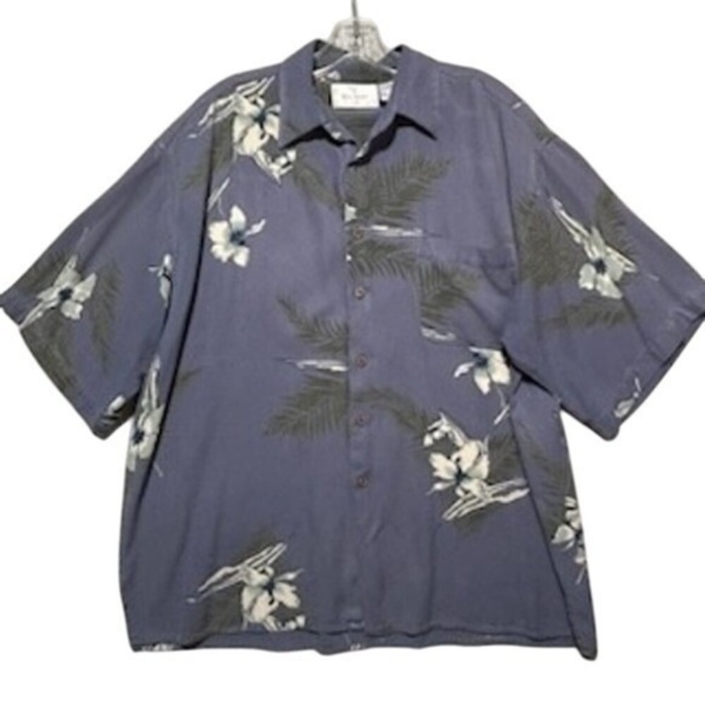 Bill Blass Hawaiian Camp Shirt 100%‎ Silk XL Blue Floral Palm Leaf Short Sleeve